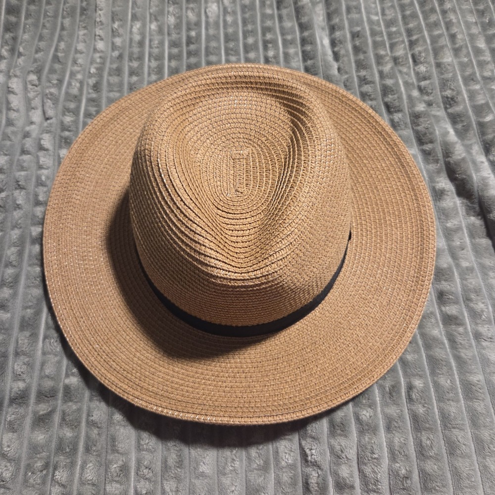 Solar Escape Women Tan Straw Fedora Wide Brim Adjustable Sweatband Hat One Size